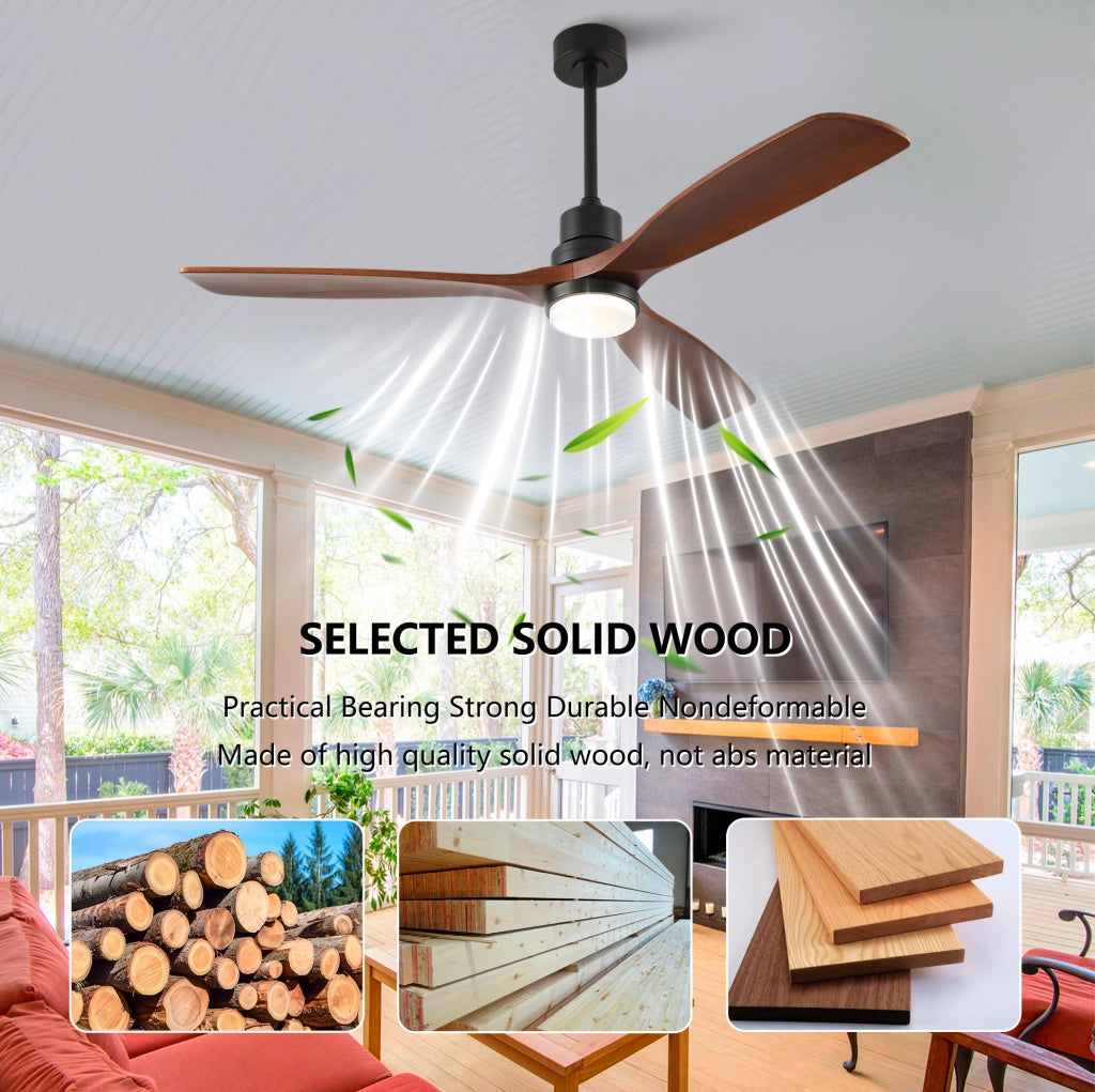 Ventilatore da soffitto 60 pollici in legno massello con luce LED; telecomando; nero noce