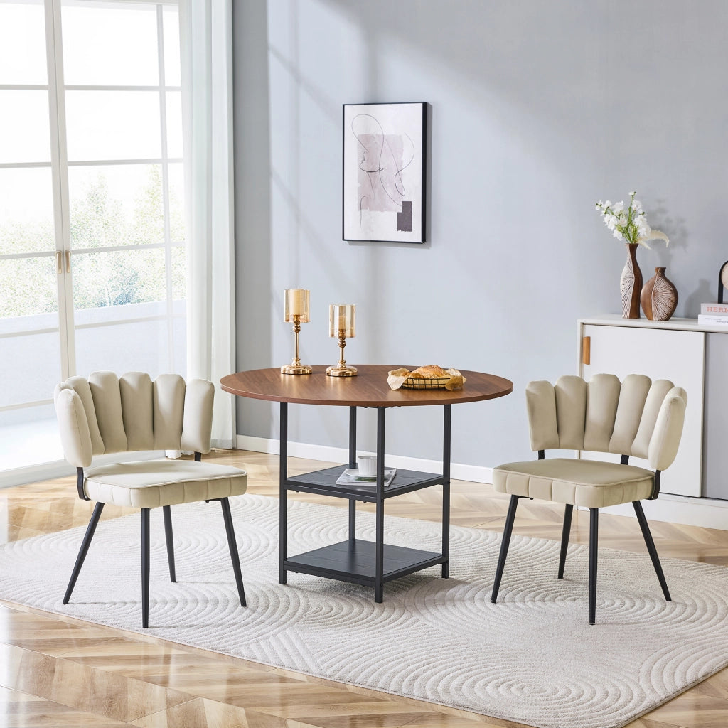 Set tavolo cucina e sedie con tavolo rotondo e 2 sedie; ripiani portaoggetti; in mdf e metallo nero; noce e caffè chiaro