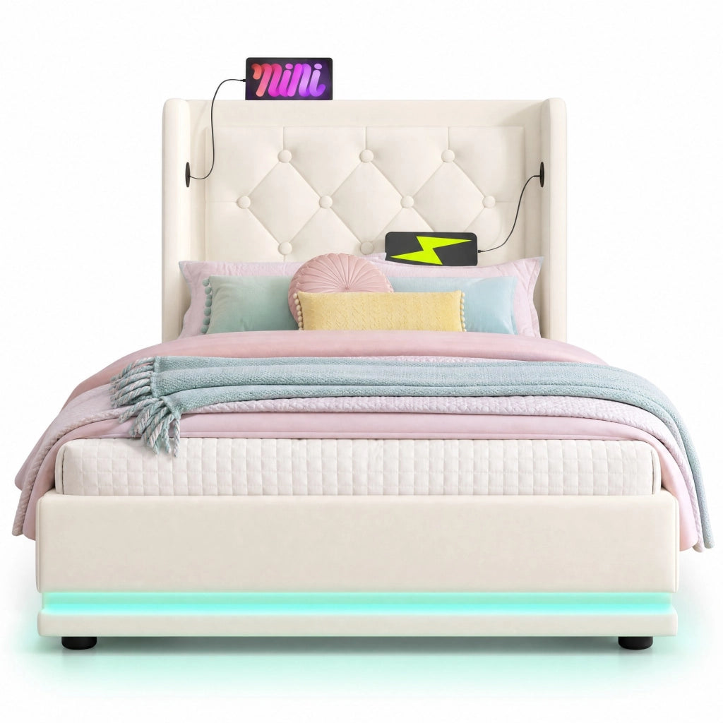 Letto singolo contenitore 90x200 cm in PU bianco, con testiera imbottita, USB Tipo-C e LED a 3 lati, senza materasso