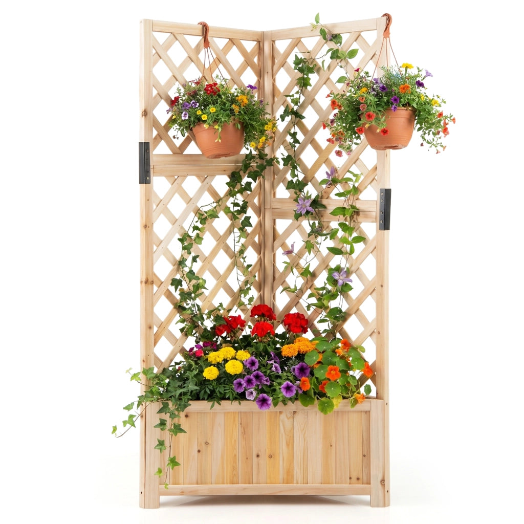 Letto da giardino rialzato ad angolo con traliccio e fori di drenaggio, Fioriera in legno per fiori verdure interno ed esterno Naturale