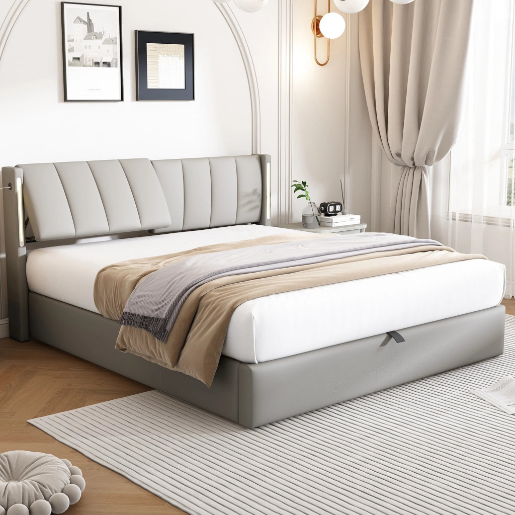 Letto imbottito 140x200 cm con USB e LED; testiera regolabile; PU grigio