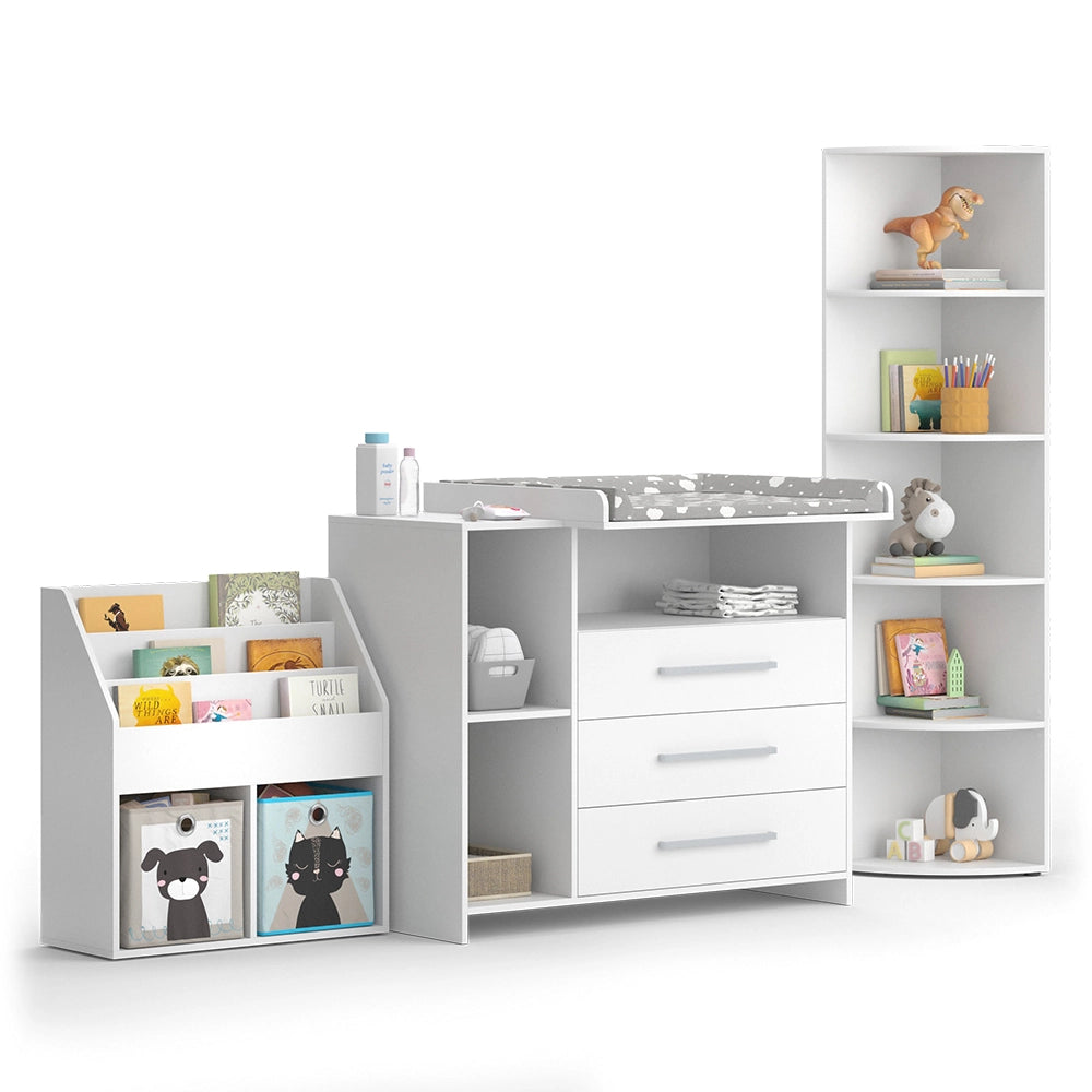 Vicco Set di mobili per bambini Bianco 3 parti, con fasciatoio, scaffale per giocattoli e libreria
