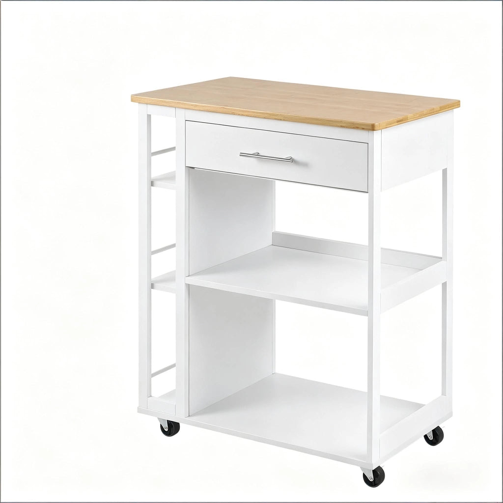 Carrello da cucina con ruote in MDF bianco effetto legno 73x38x88 cm con cassetto e ripiani aperti