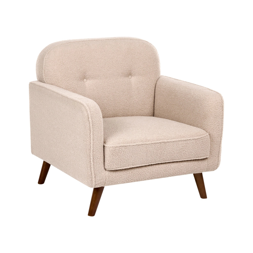 Poltrona beige in bouclé, trapuntatura a bottoni, gambe in rovere, poltrona decorativa, stile tradizionale, soggiorno