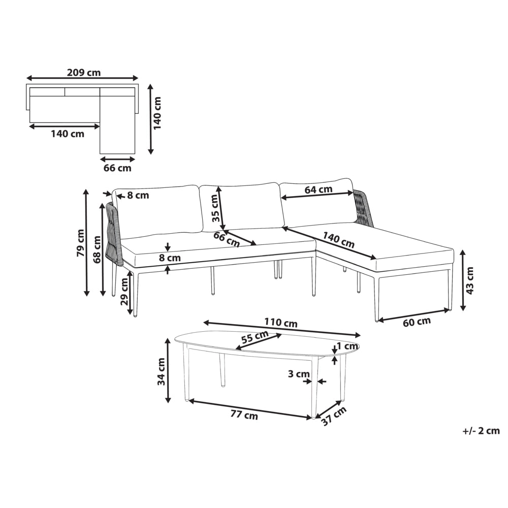 Set da salotto a 3 posti grigio con divano angolare sinistro in tessuto con struttura in alluminio e tavolino Elegante set da giardino Patio