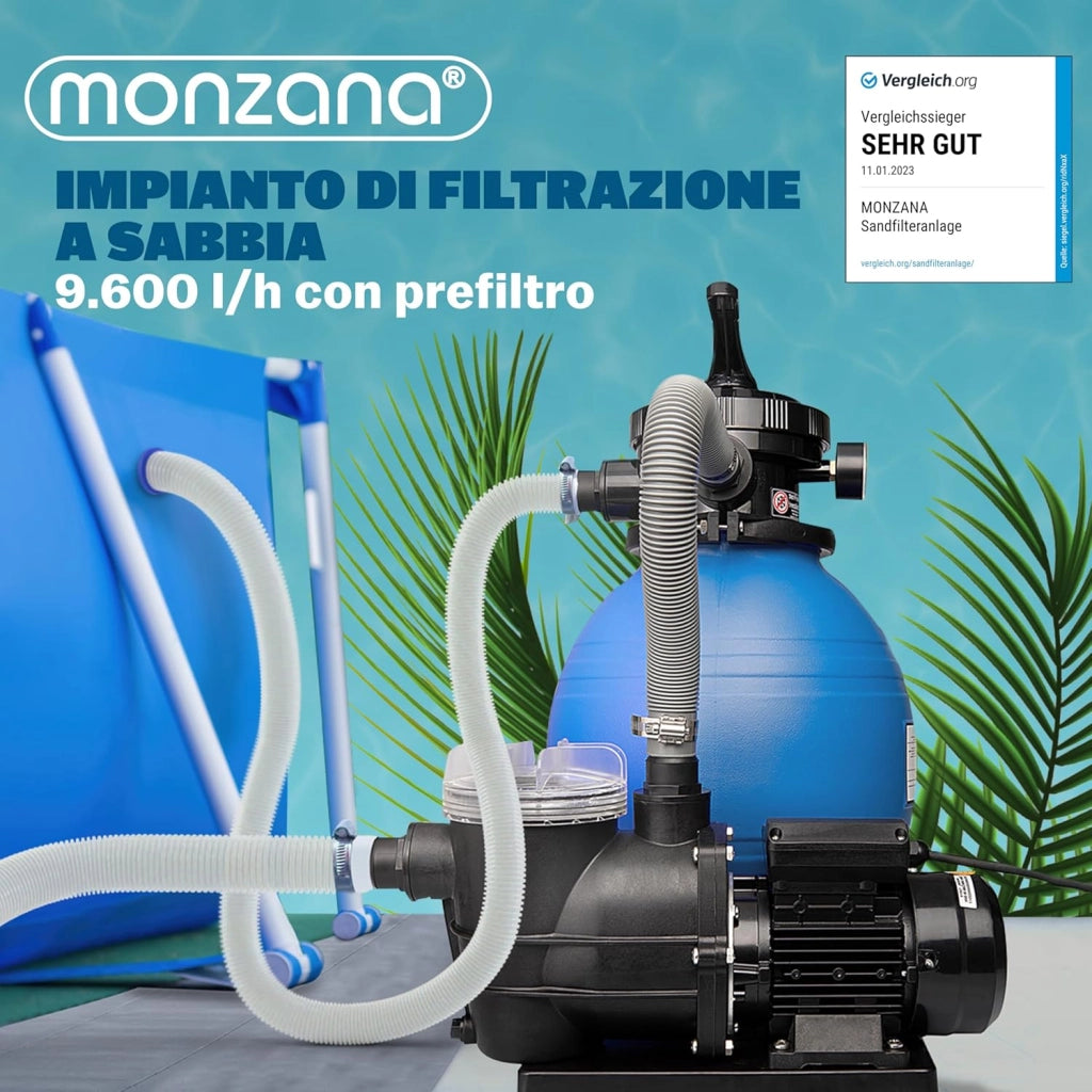 ® Pompa Filtro Piscina a 7 Vie 9.600 L/h Serbatoio 25 L Pompaggio a Sabbia Prefiltro