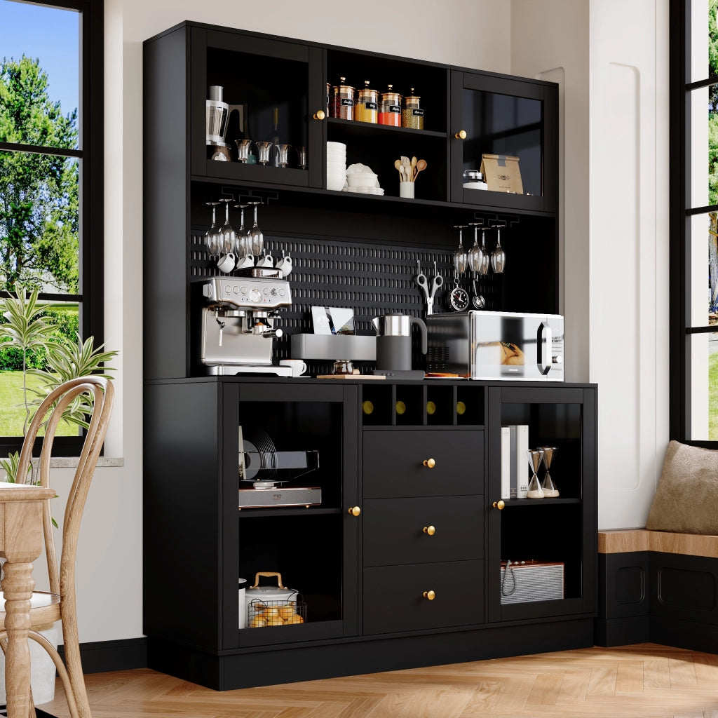 Credenza con LED controllata da app, ripiani regolabili, portabottiglie e portasbicchieri in MDF e vetro nero 140 × 40 × 185,7 cm