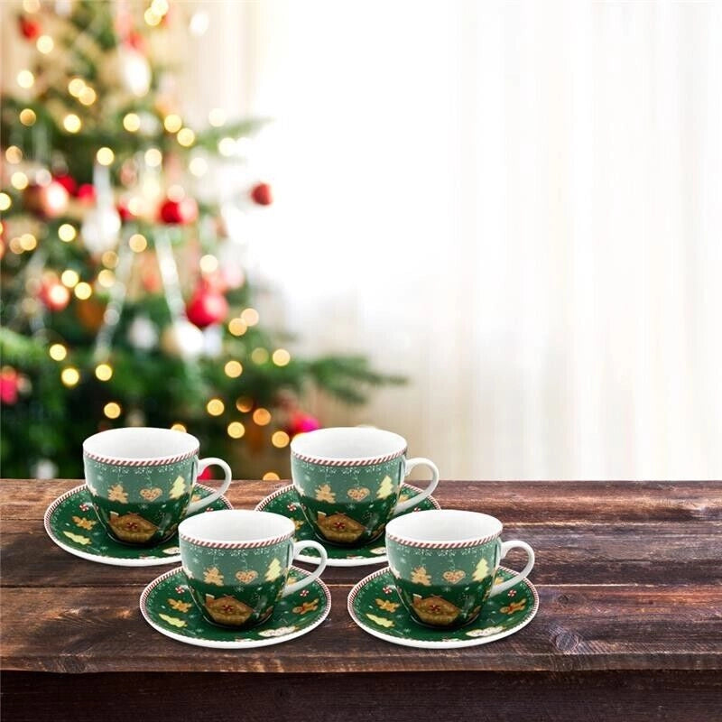 MA MAISON SET 4 TAZZE 210 CC CON PIATTINO STILE COOKIES ROSSE E VERDI IDEA REGALO