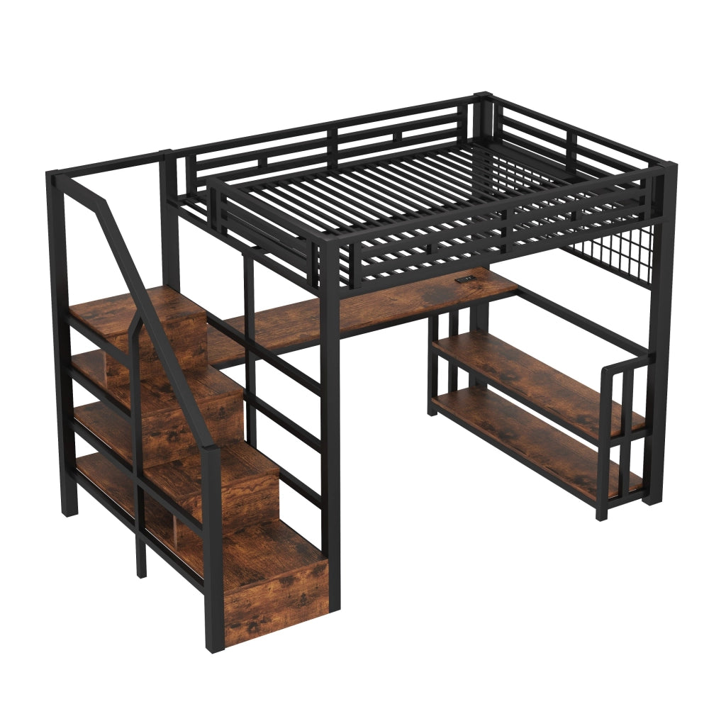 Letto a soppalco 140×200 cm con scrivania; ripiani; LED; USB e Type-C; senza materasso; metallo; nero