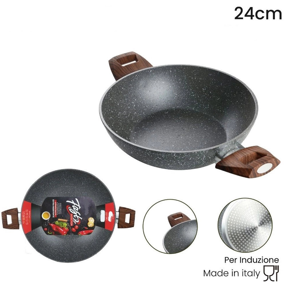Trade Shop - Wok Rivestimento Antiaderente Antigraffio Per Induzione Con 2 Manici Legno ø24-28-32cm -