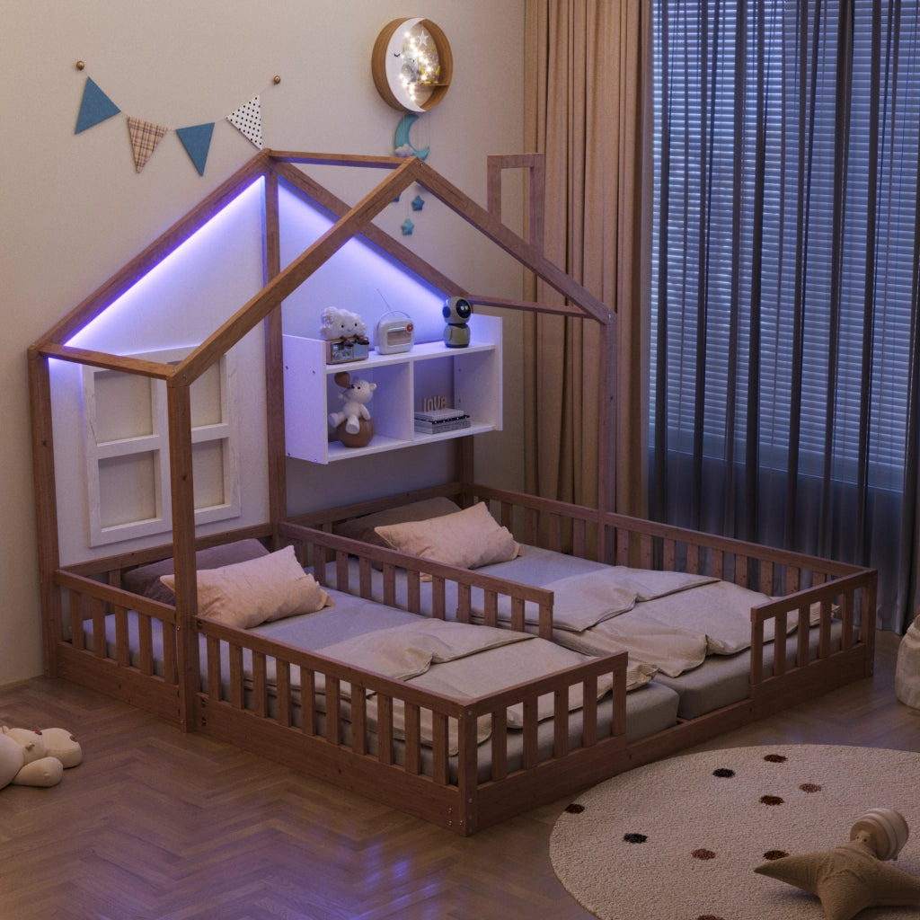 Letto per bambini a forma di casa con LED e doghe, 90x200 cm, legno