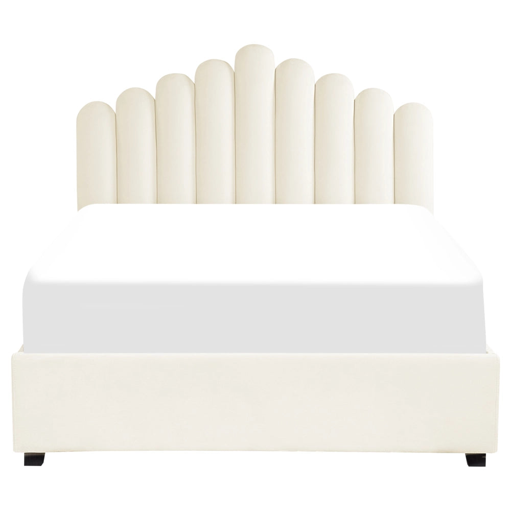 Letto contenitore matrimoniale rete a doghe velluto bianco sporco 140 x 200 testiera a conchiglia
