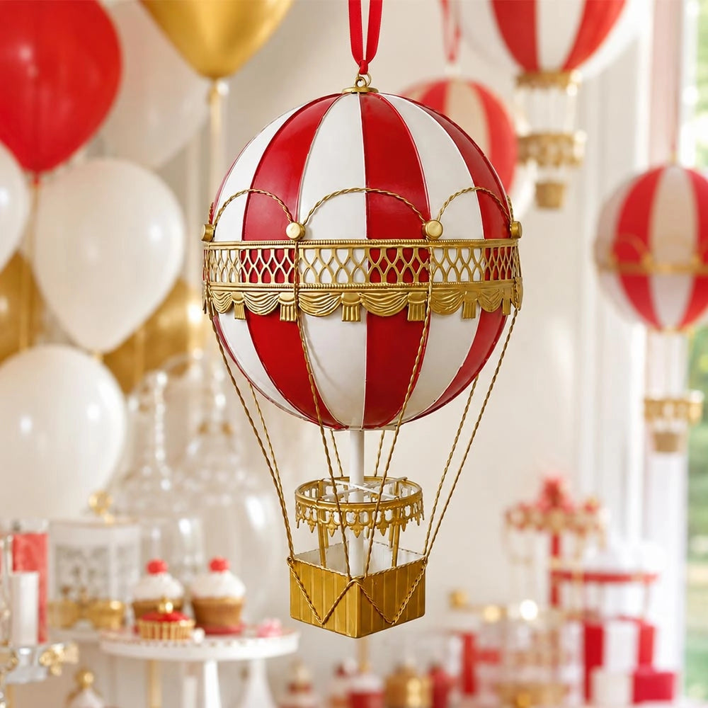 Mongolfiera Decorativa h 45 cm Metallo Rossa e Dorata da Appendere o Appoggiare