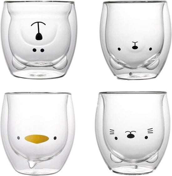 Tazza a Doppia Parete in Vetro con Motivo di Orso, Set di 4 Tazze a Doppia Parete per Caffè, Vaso Isolante per Espresso, 250ml, Regalo per Bambini, Set di Regali con Motivi Animali (Quattro)