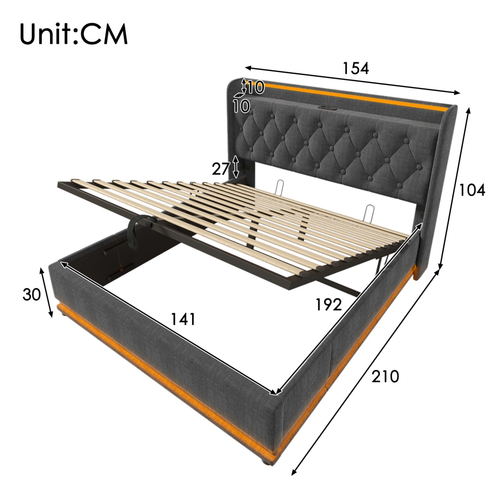 Letto imbottito idraulico con illuminazione a LED e porta USB 140x190 cm colore grigio lino