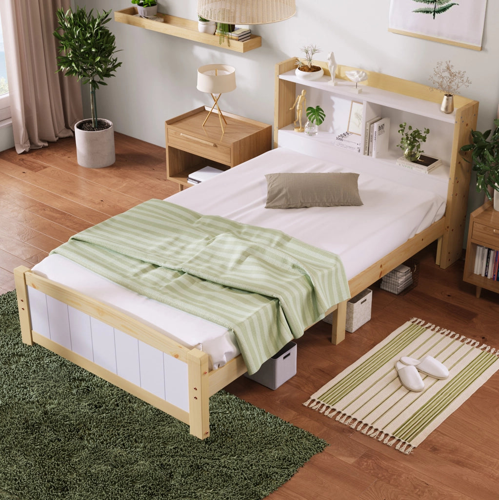 Letto singolo 90x200 cm; testiera contenitore; legno; bianco (Senza materasso)
