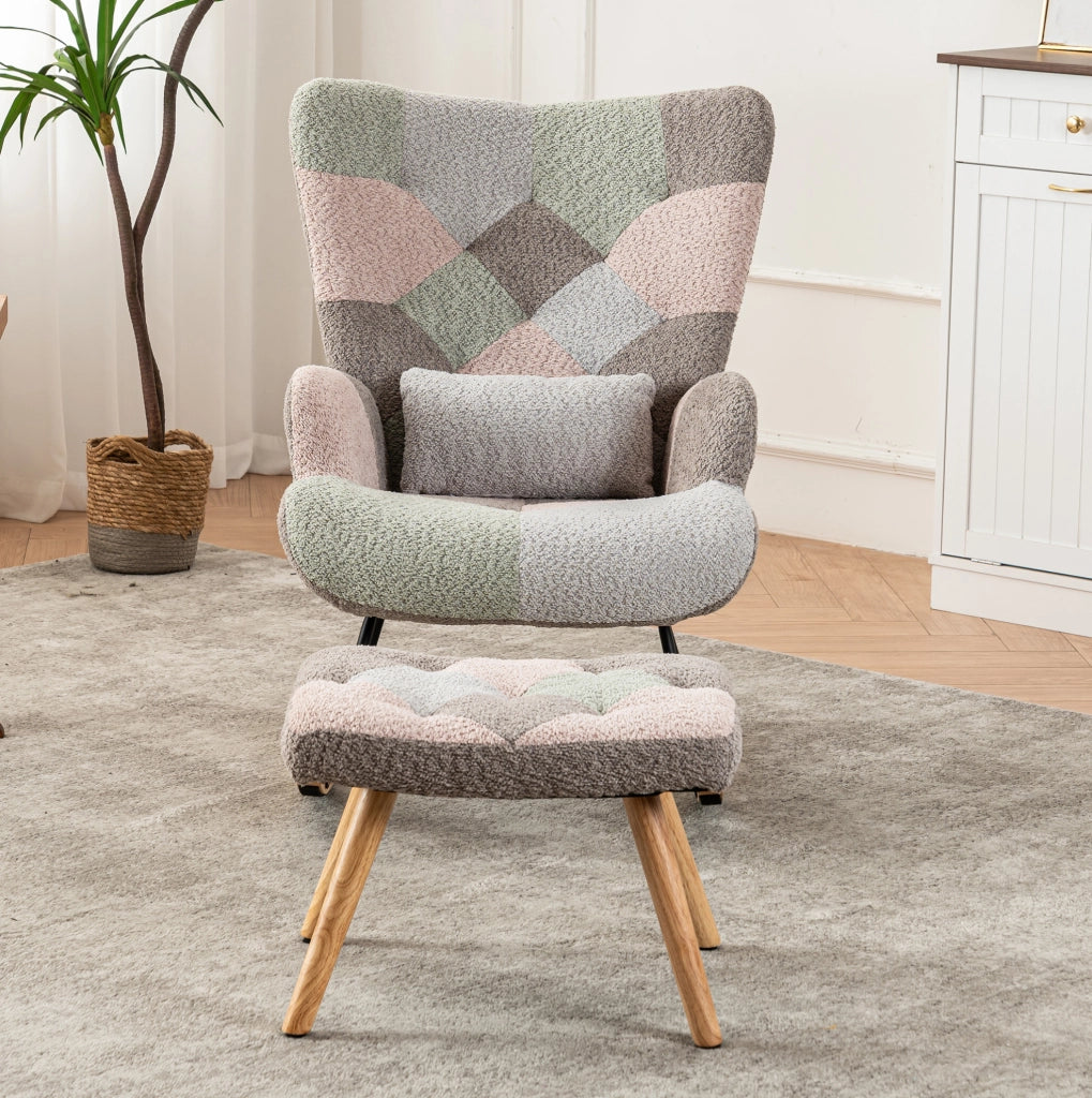 Sedia a dondolo multicolore con poggiapiedi e cuscino lombare, altezza 93 cm
