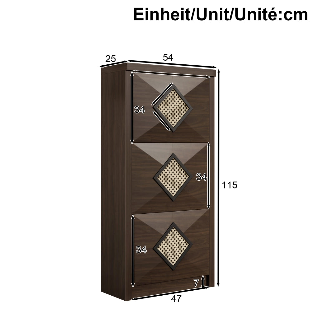 Mobile portascarpe vintage con 3 ante a ribalta 54x25x115 cm in finitura legno