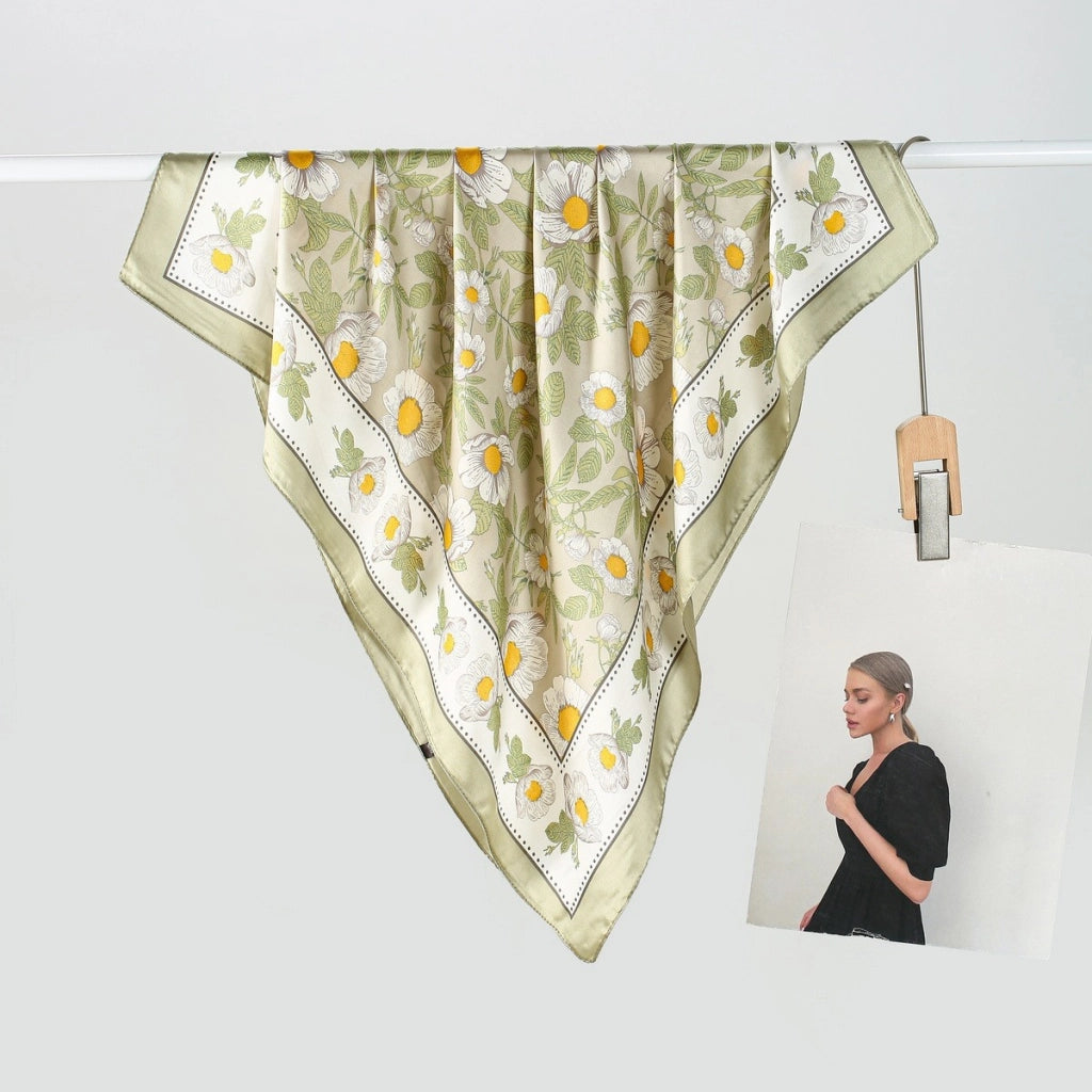 Sciarpa da donna in seta verde stampata, stile coreano, alla moda e versatile, sciarpa/fascia per il collo decorativa.