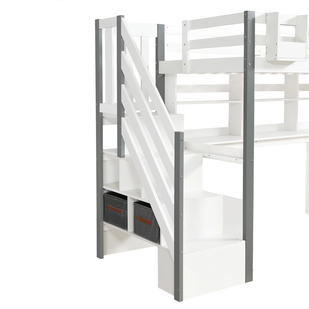 LETTO a soppalco con scrivania e scaffale, 90 x 200 cm, bianco/grigio