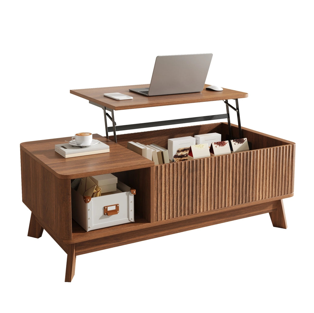 Tavolino da caffè sollevabile 95x48x50 cm in MDF effetto noce con vano laterale