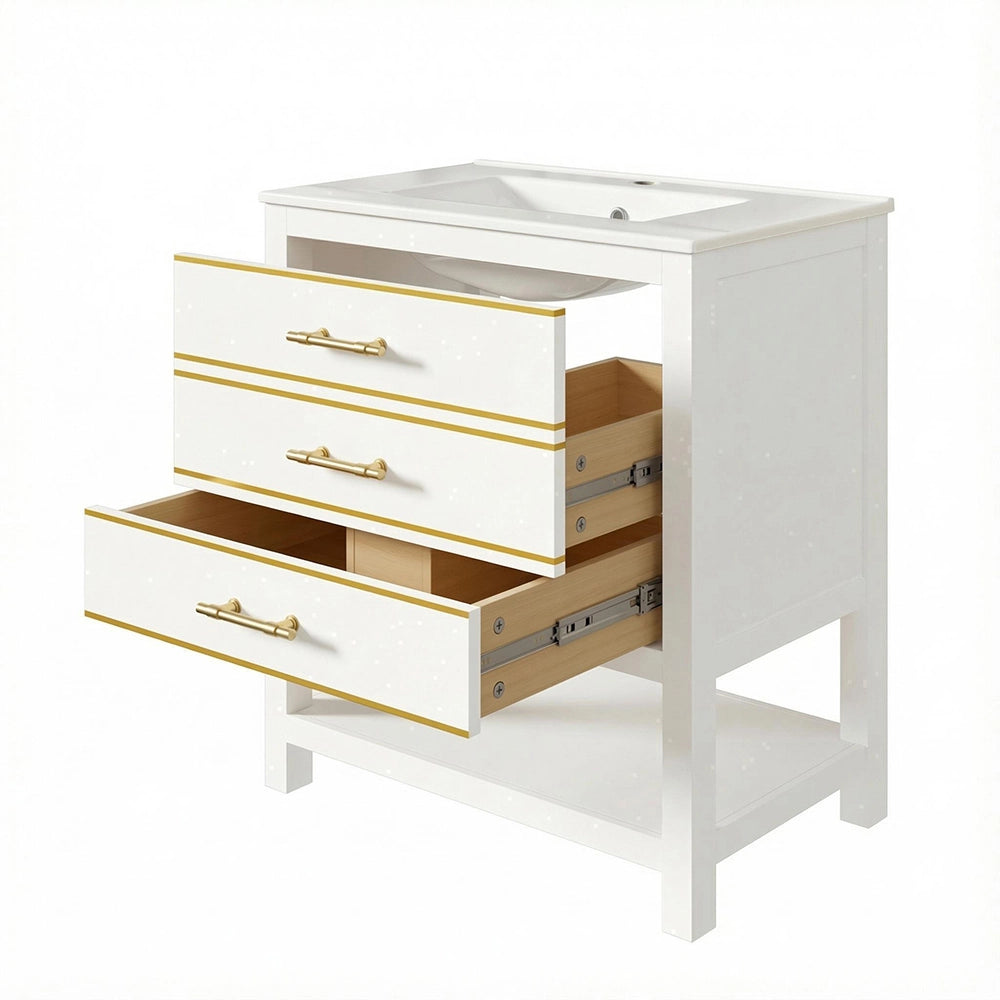 Mobile sotto lavabo in ceramica - Xylo - Bianco, 2 cassetti, maniglie dorate