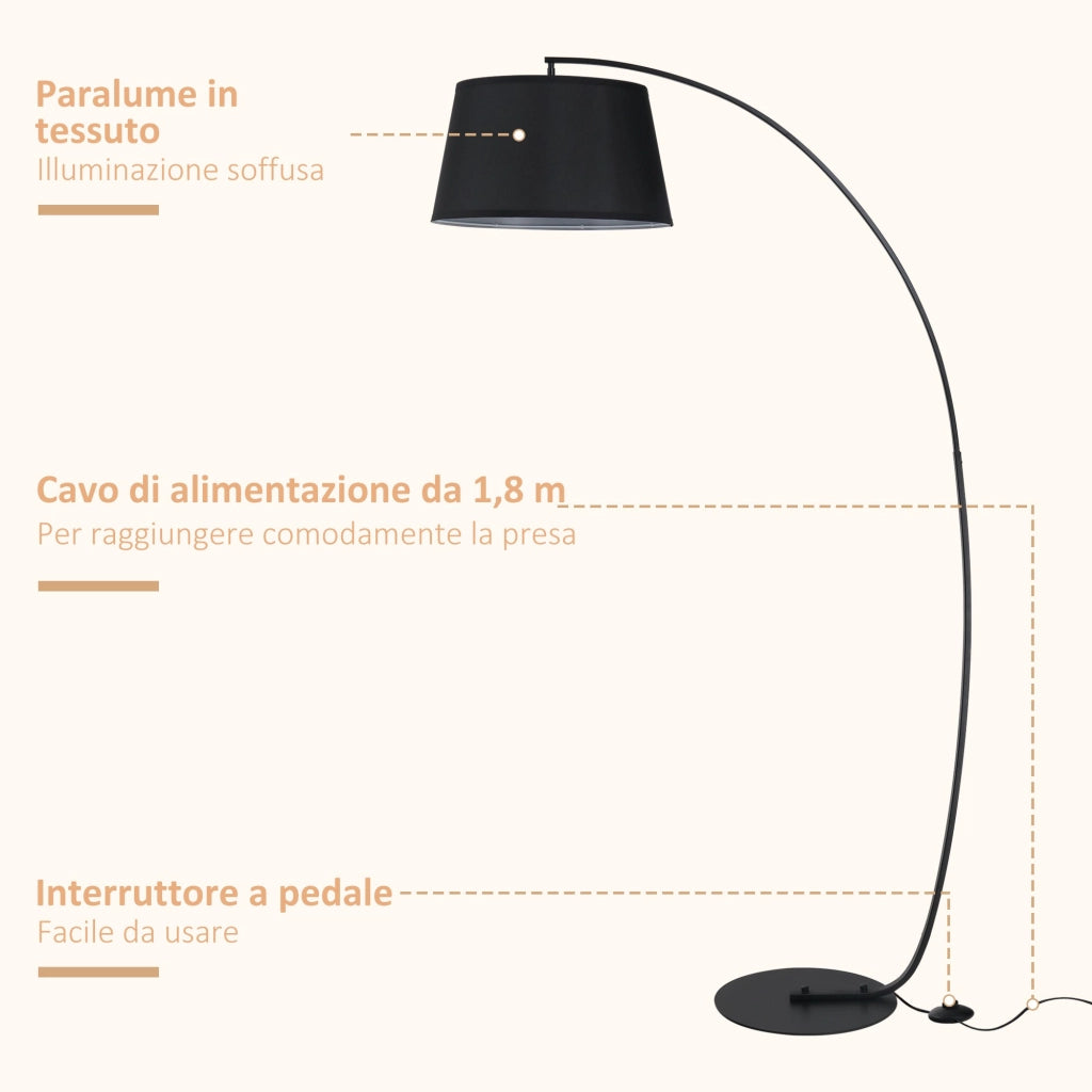 Lampada da Terra ad Arco in Metallo con Paralume in Tessuto   Nera