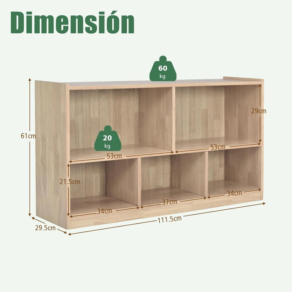 Libreria per bambini, con 5 scomparti aperti, per giocattoli, per libri e giocattoli, per cameretta dei bambini, 111 x 30 x 61,5 cm (naturale)