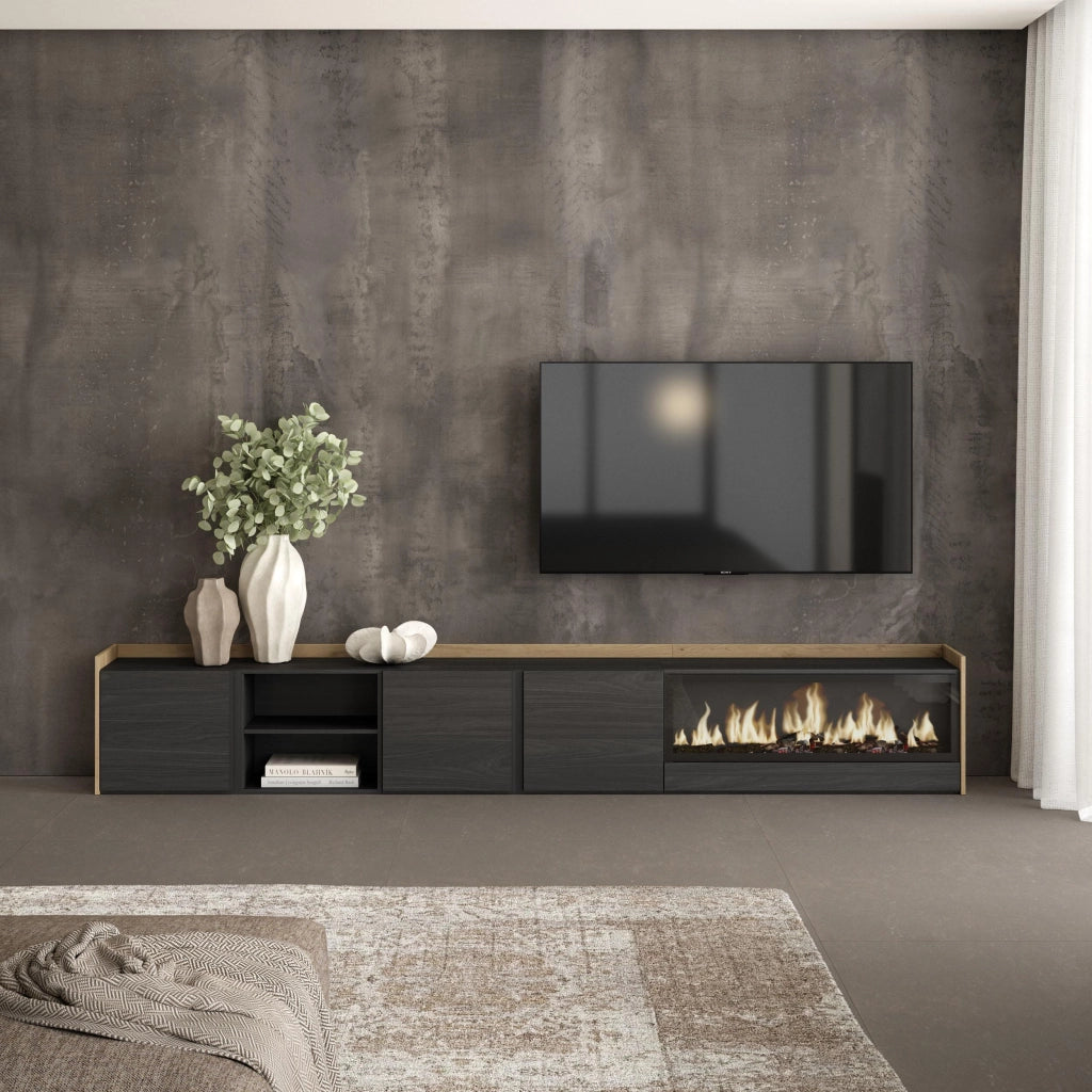 Mobile TV Soggiorno, 315x50x35 cm, Per TV fino a 80", Camino elettrico XXL, Nero e rovere