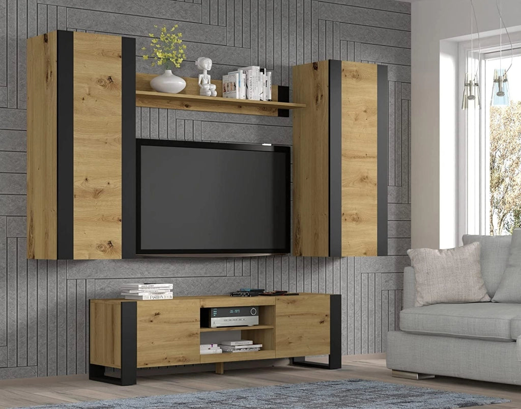 MOBILE CREDENZA ARMADIO DA PARETE QUERCIA CON CORNICI NERE 125X48X40CM MONDI