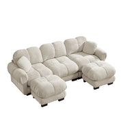 Divano panoramico a U 3 posti modulare con cuscini e seduta imbottita in chenille beige chiaro