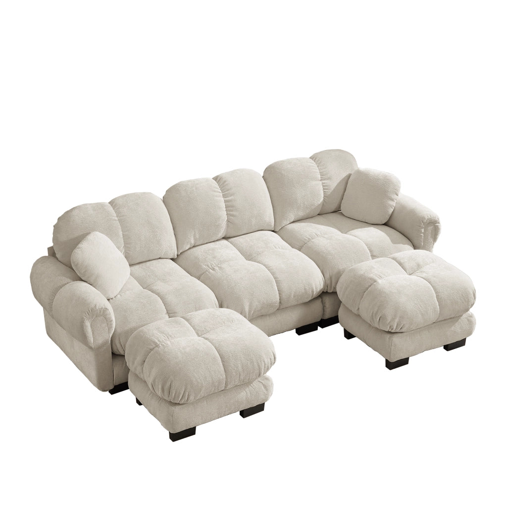 Divano panoramico a U 3 posti modulare con cuscini e seduta imbottita in chenille beige chiaro