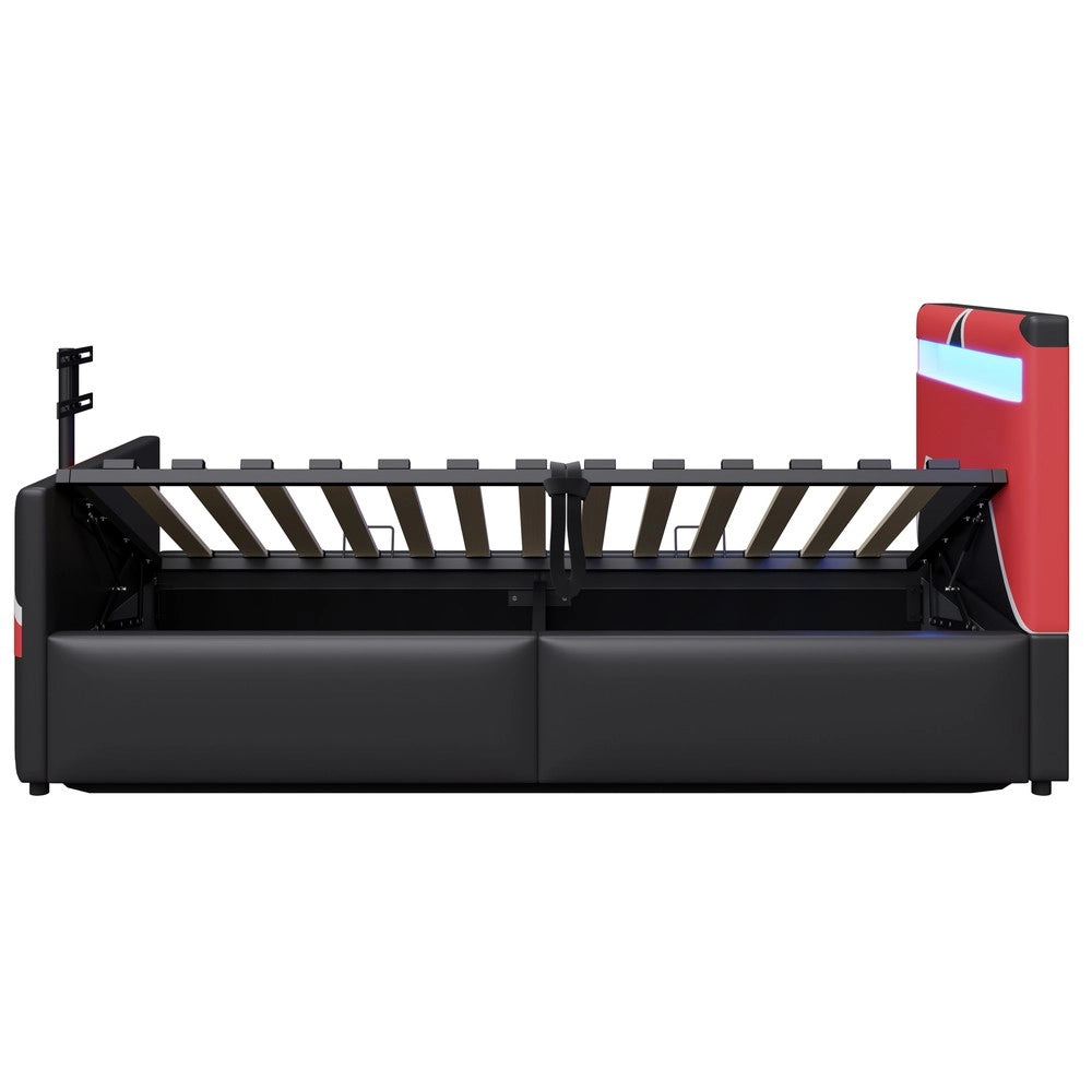 Letto Singolo Gaming 90x200 con LED, Contenitore Idraulico e Struttura Imbottita ¨C MINIMAL ¨C Nero