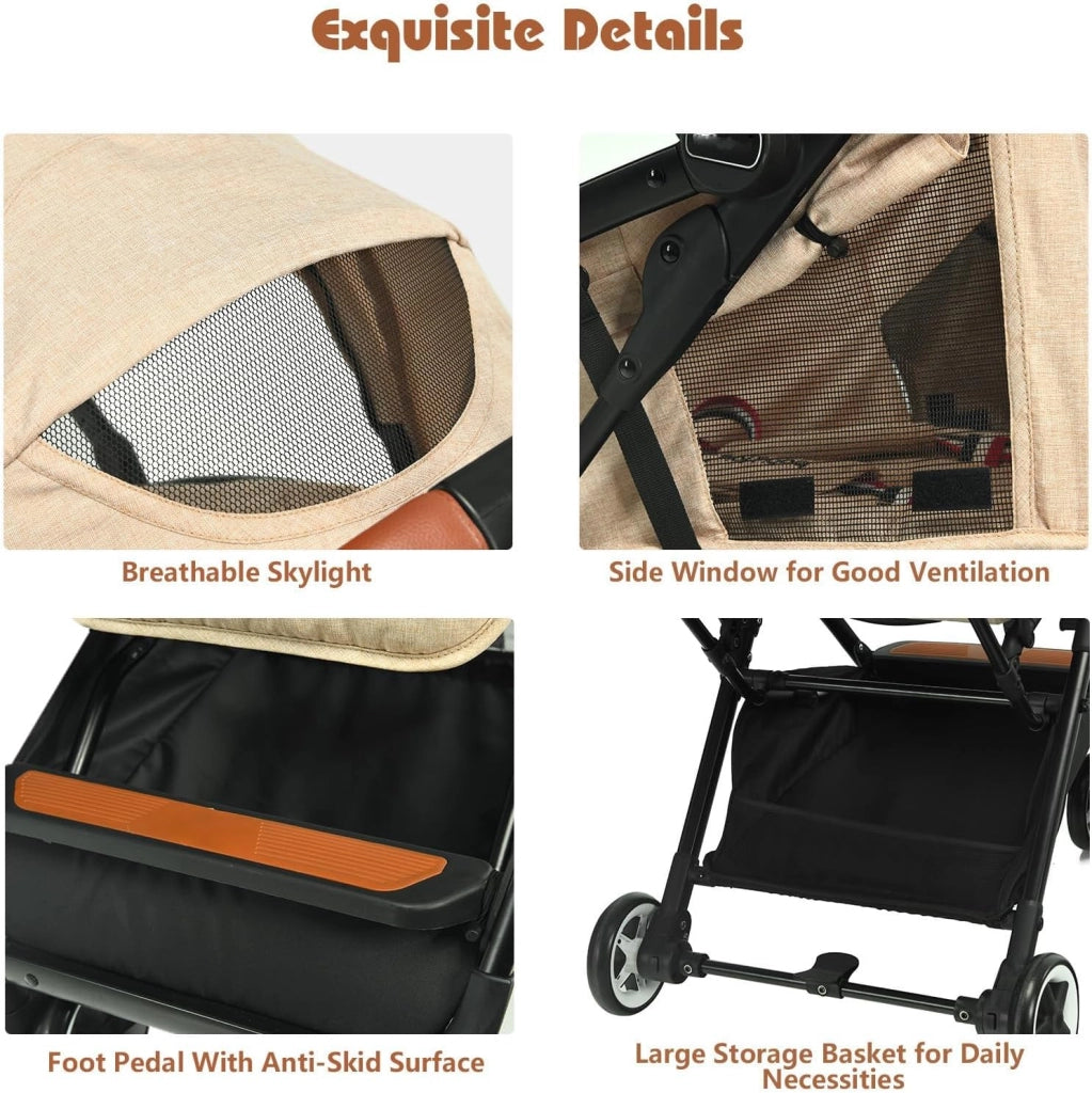 Passeggino Pighevole per Bmabini, Passeggino con Schienale e Poggiapiedi Regolabili, Passeggino Leggero Portata 15 kg, con Cappottina e Zanzariera, per Bambini 0-3 Anni (Beige)