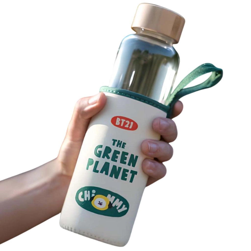 Borraccia in vetro riutilizzabile da 500 ml con motivo CHIMMY e custodia Bianco / Verde Line Friends BT21
