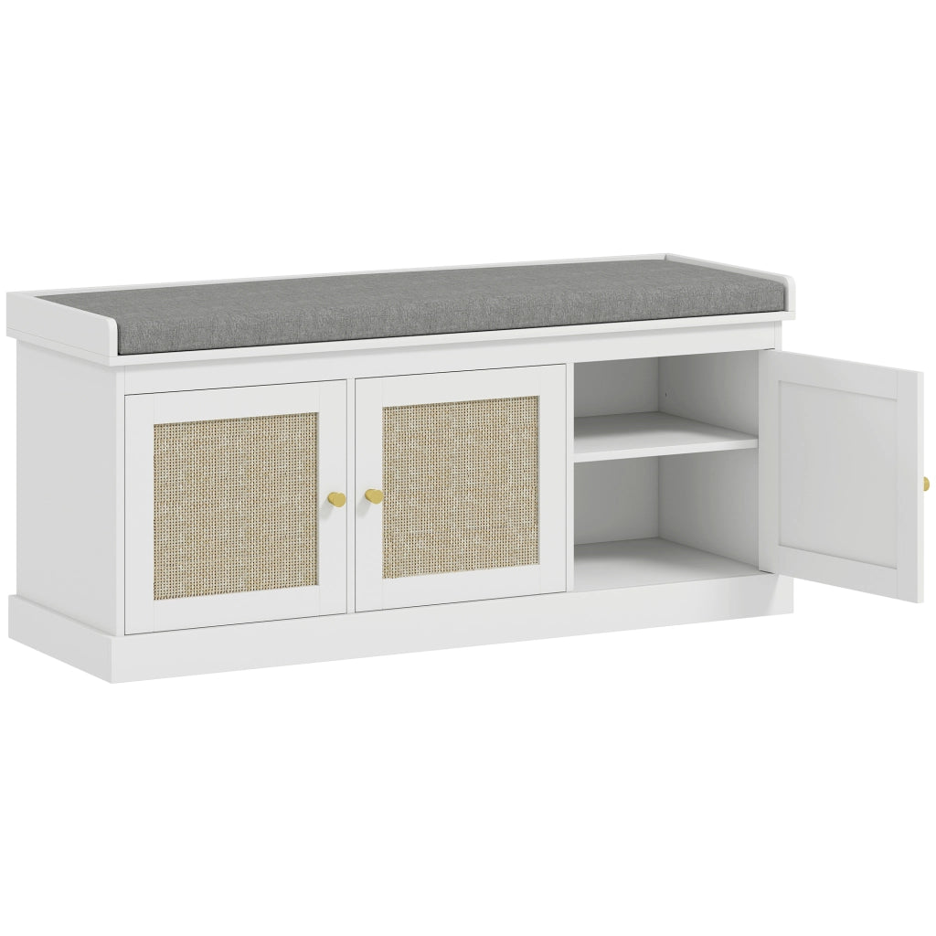 Panca portascarpe con 3 ante in rotin, 9 paia, ripiani regolabili e cuscino ¨C Xylo ¨C Bianco 105x35x47cm