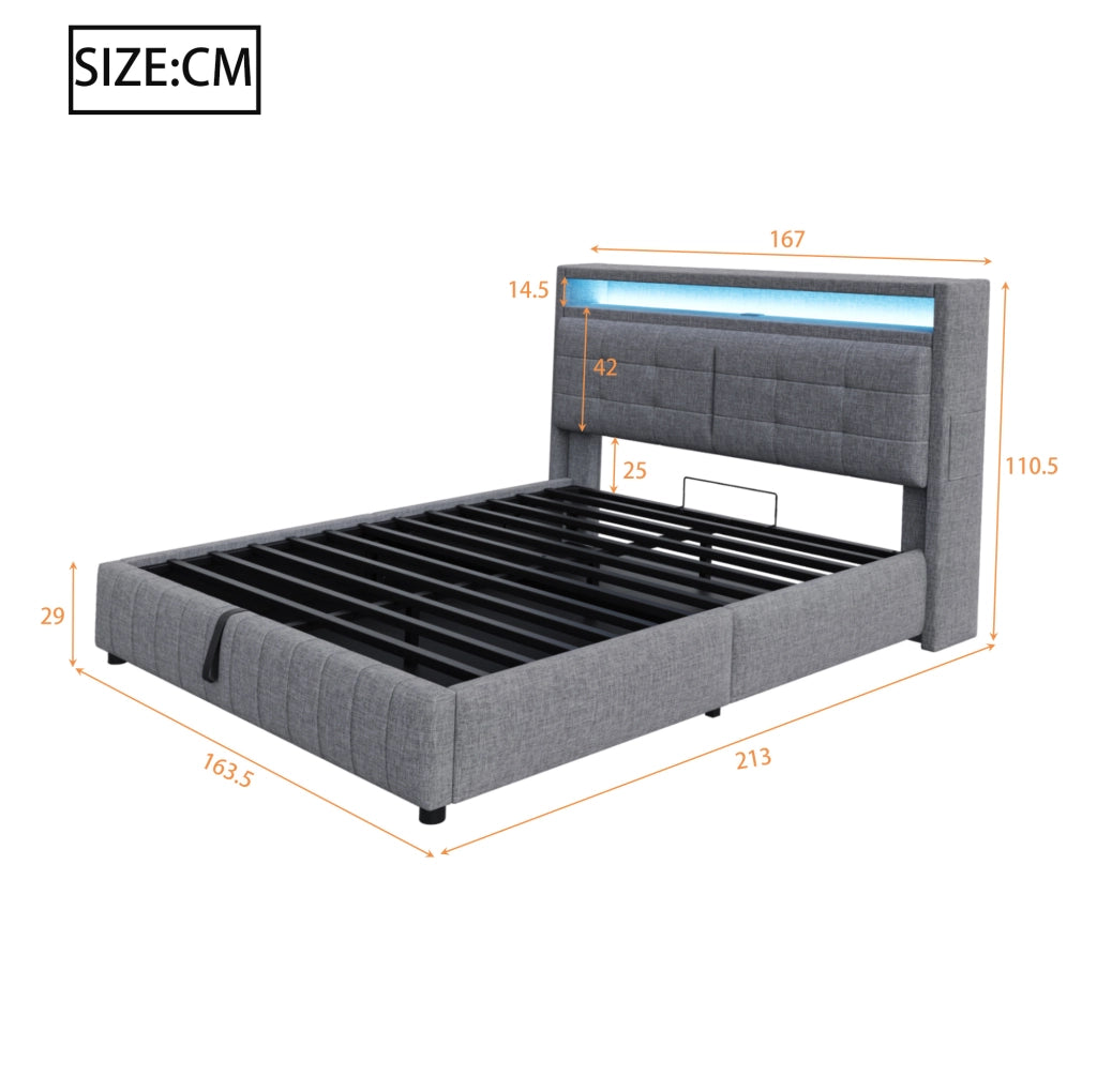 Letto imbottito 160x200 cm con LED, USB e contenitore idraulico