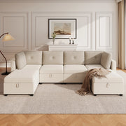 Divano modulare a U 6 posti con contenitore trasformabile in chaise longue o poltrona in velluto beige 261 × 132,5 × 85 cm