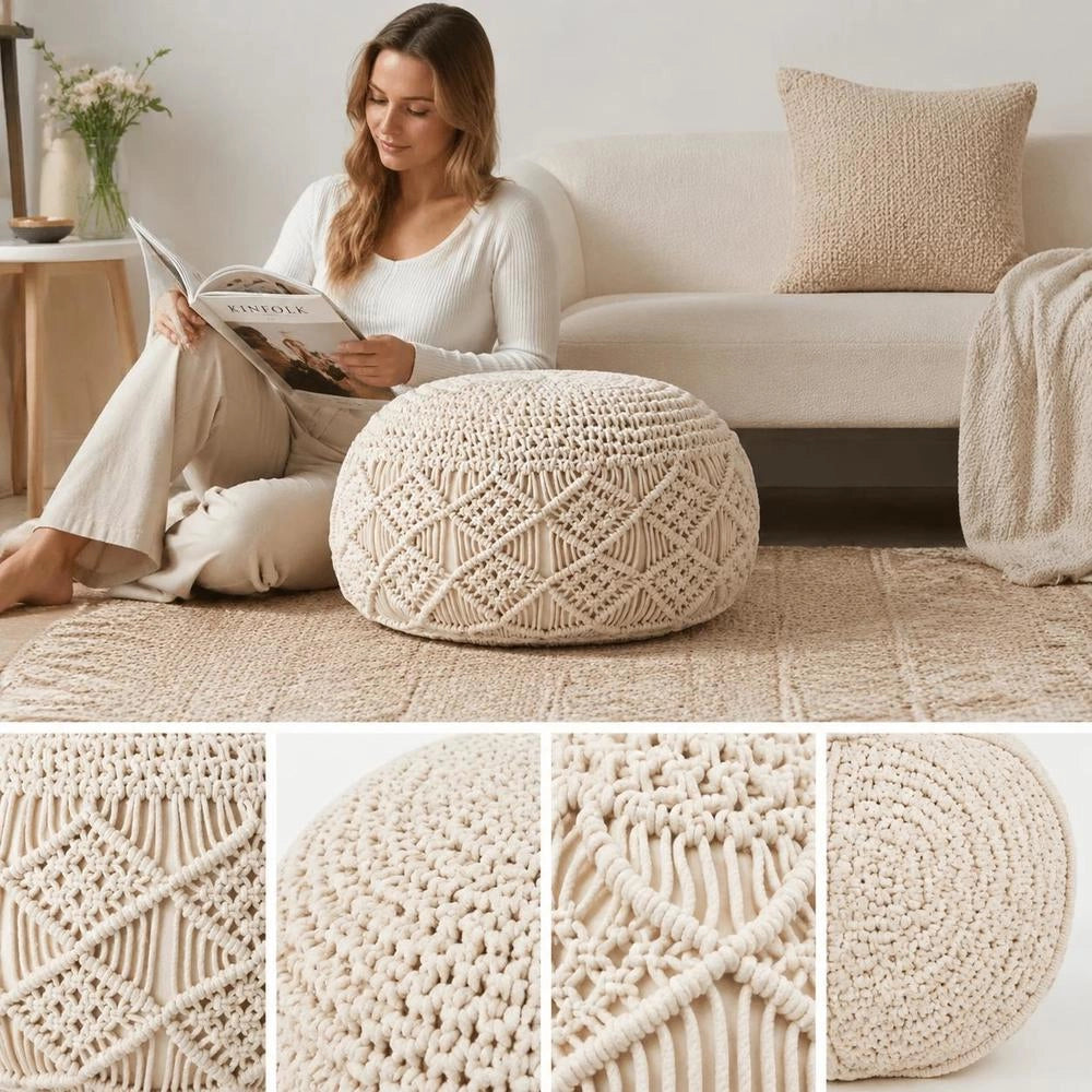 Macrame Pouf, Handmade, 45 X 30 Cm, Cotton