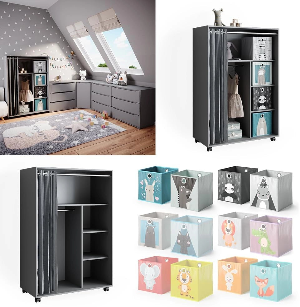Armadio multifunzione Doros, Grigio, 100 x 146.6 cm con box pieghevole, per la conservazione flessibile di abbigliamento e accessori