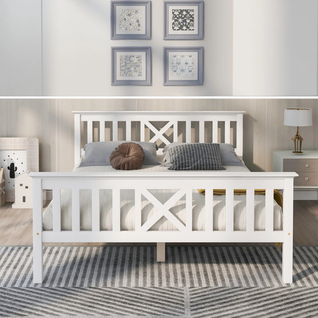 Letto matrimoniale 140x200 cm in pino bianco con rete a doghe