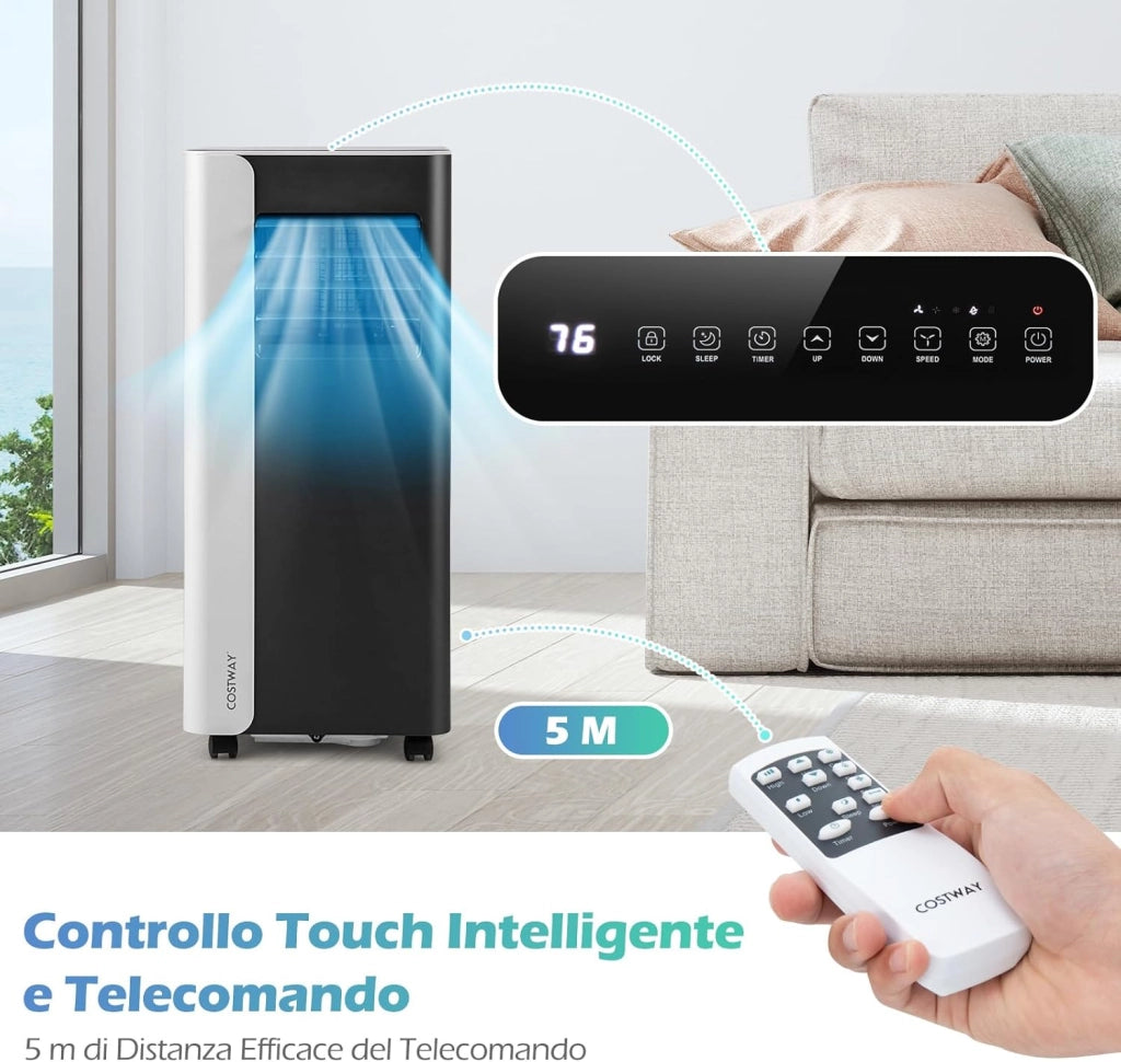 Condizionatore Portatile, 7000BTU/2,0 kW, 4 in 1 Con Raffreddamento, Ventola, Deumidificazione e Modalità Notturna, 24H Timer, R290, per Stanze Fino a 28㎡