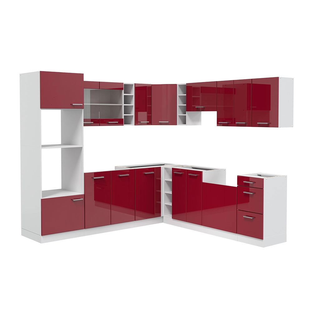 Cucina angolare completa R-Line Rosso lucido/Bianco 247 x 237 cm, PL Marmo Vicco