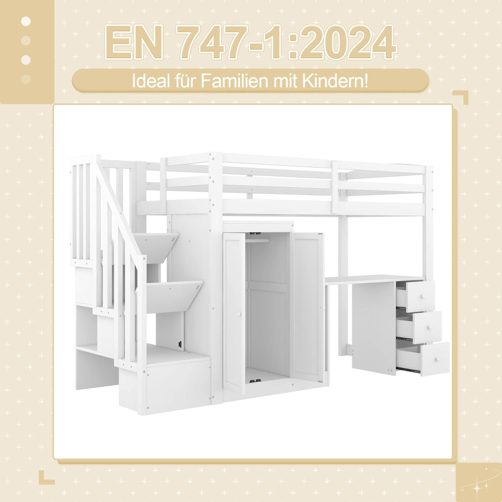 OKWISH Letto a Soppalco 90×200 cm, Letto Singolo con Scrivania, Armadio, 3 Cassetti, Scala Contenitore e Vano a Giorno, senza Materasso, Bianco