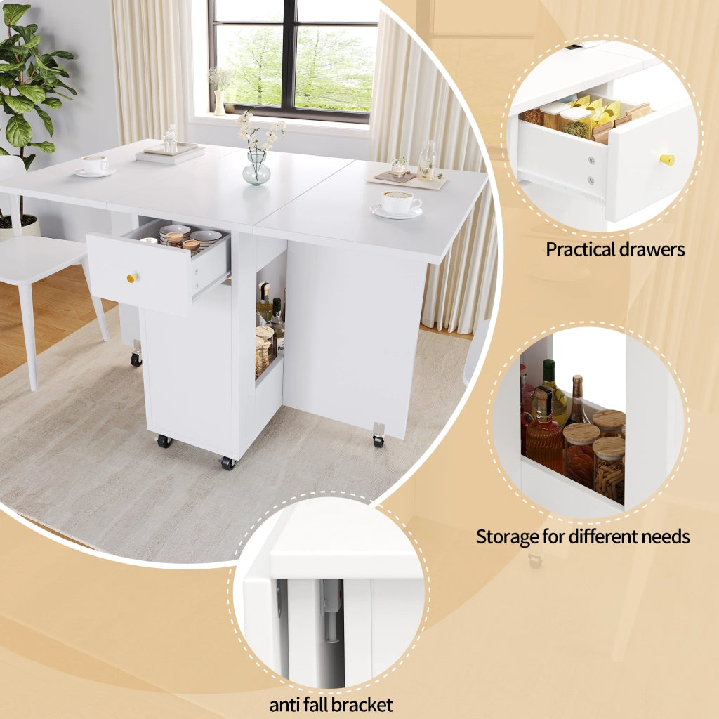 Tavolo da pranzo pieghevole con ripiani aperti, 2 cassetti e ruote, per cucina e soggiorno, bianco, 120 × 75 × 75 cm