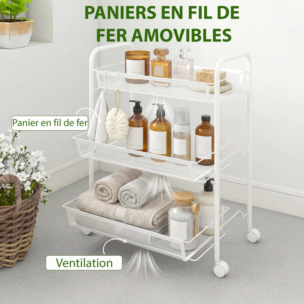 Carrello a 3 livelli con cesti ¨C zephmum ¨C bianco 45x26.5x63 cm