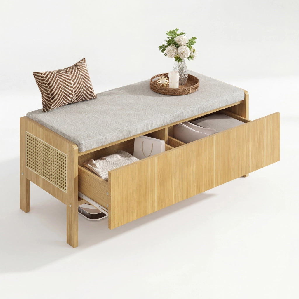 Panca contenitore con 2 cassetti e lati in rattan - in bamboo e MDF - naturale e grigio
