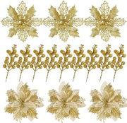 Set di decorazioni natalizie con fiori e bacche artificiali - 24 pezzi - stella natalizia luccicante - decorazioni per albero di Natale - slitta - corona - DIY Craft