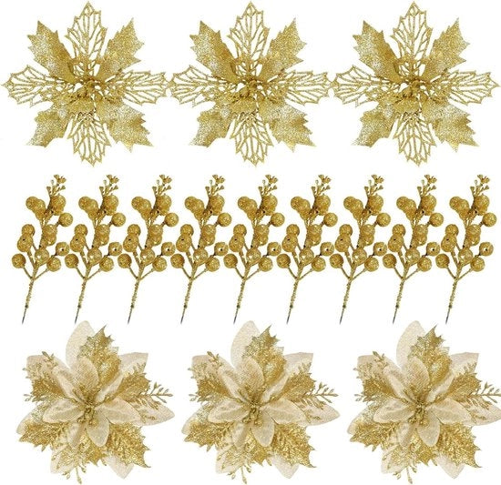 Set di decorazioni natalizie con fiori e bacche artificiali - 24 pezzi - stella natalizia luccicante - decorazioni per albero di Natale - slitta - corona - DIY Craft