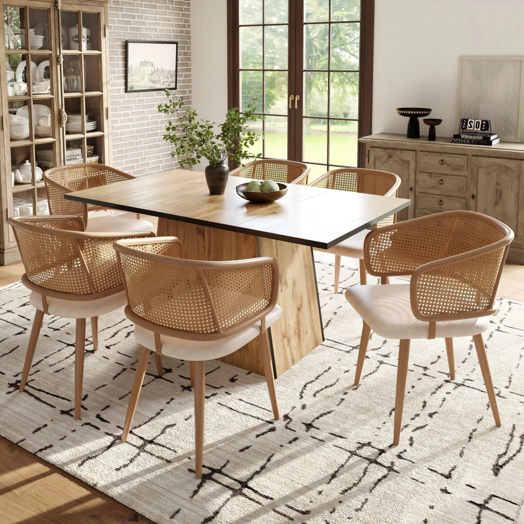 Sedie da Pranzo con Schienale in Rattan ¨C MINIMAL ¨C Set 6 Pezzi, Seduta in Ecopelle, Moderno